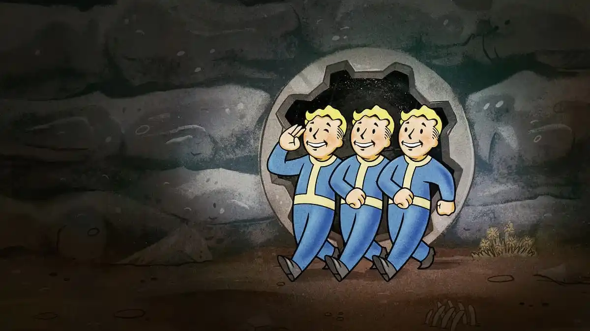 Three Vault Boy's in front of an open vault door.