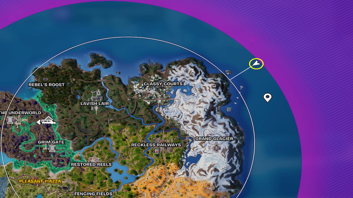 In-game map view of player location on the top northeast side of the map at the edge of the storm
