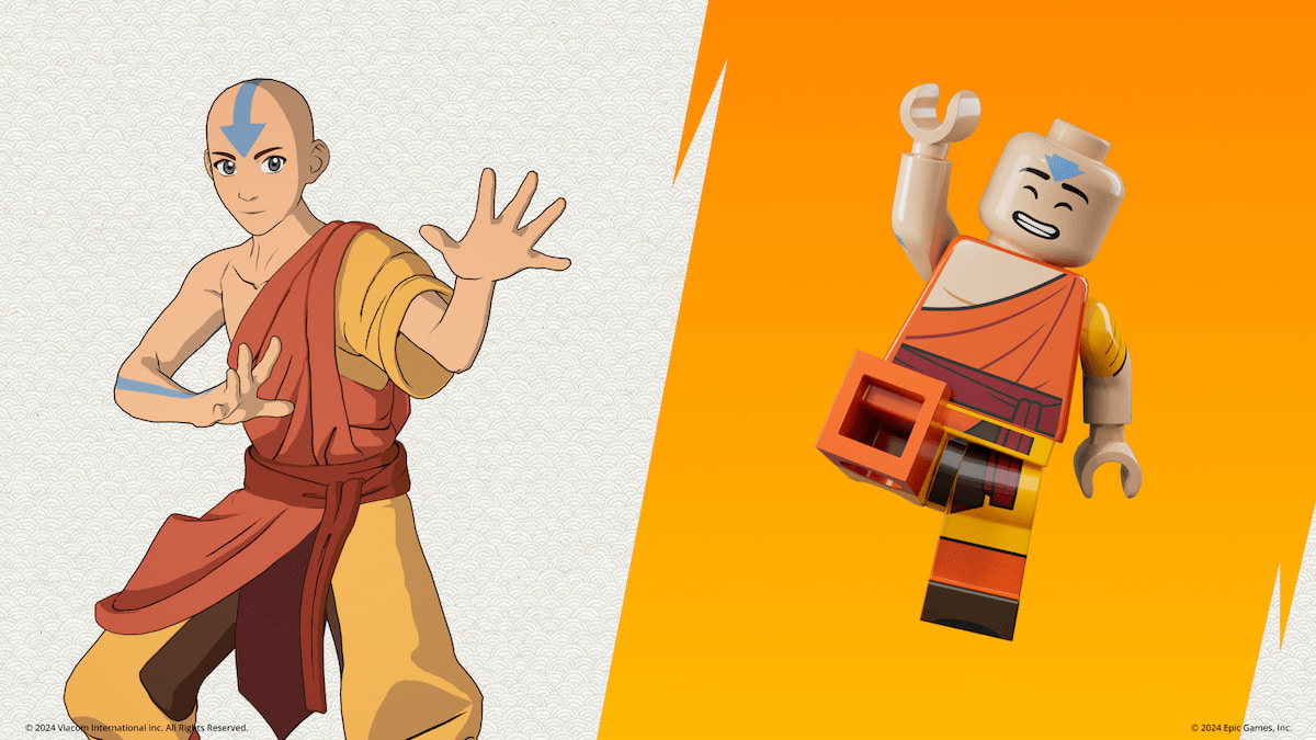 Official promo poster for Aang skin and lego fortnite version beside it
