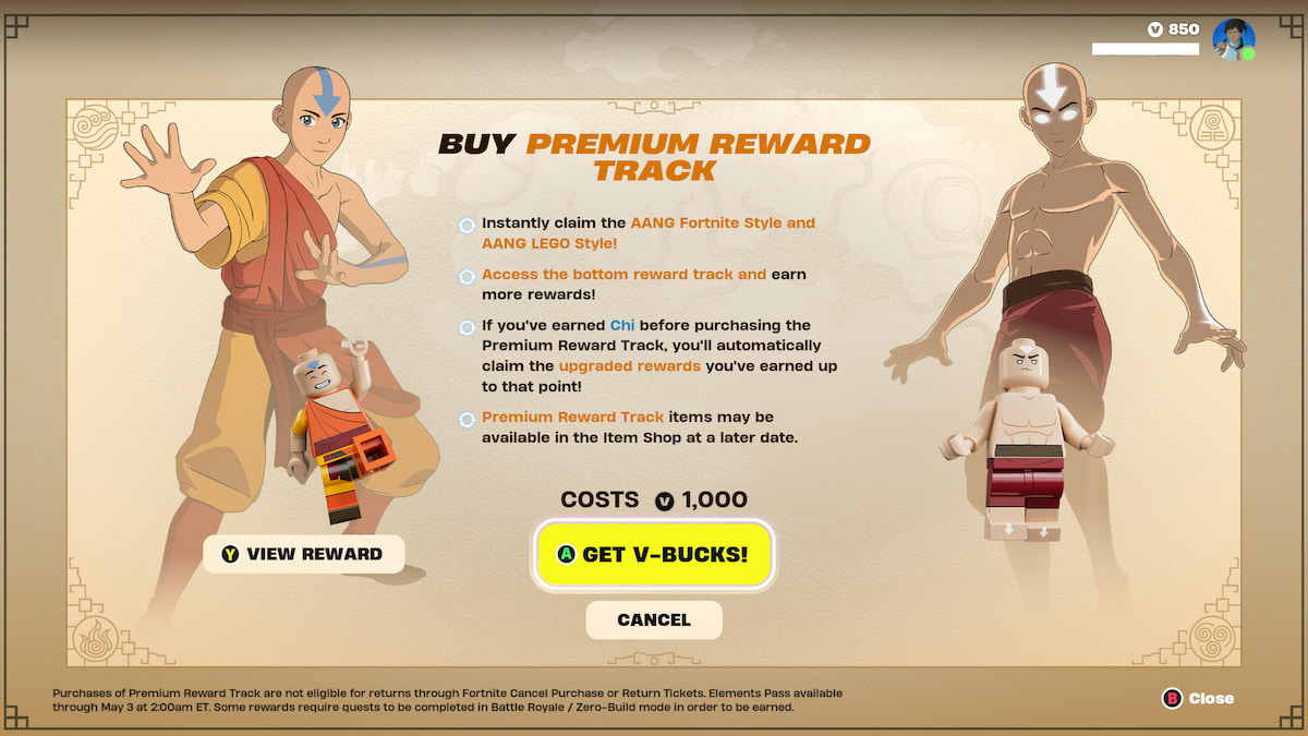 Upgrade Event Pass to Premium official page with Aang skin and Avatar State Aang on the sides