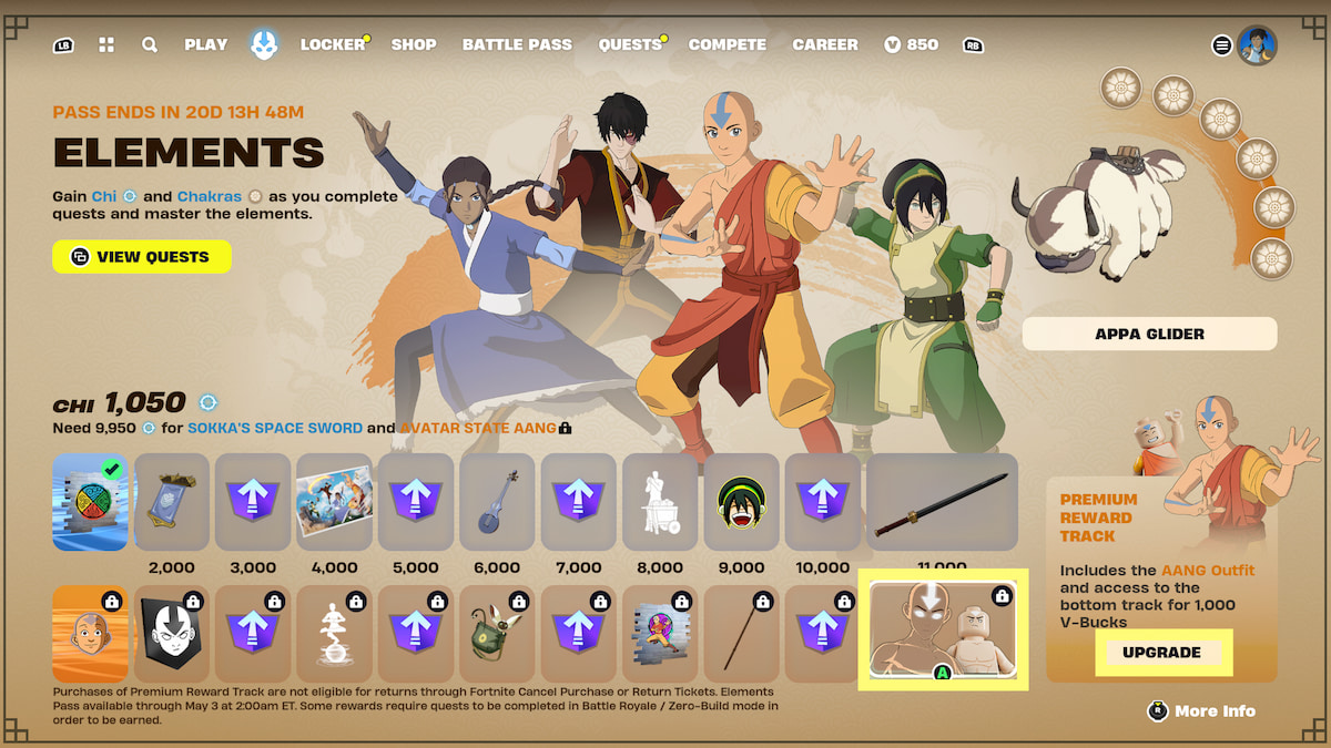 Event pass page with all avatar rewards and Avatar State Aang style in the last slot of the premium track