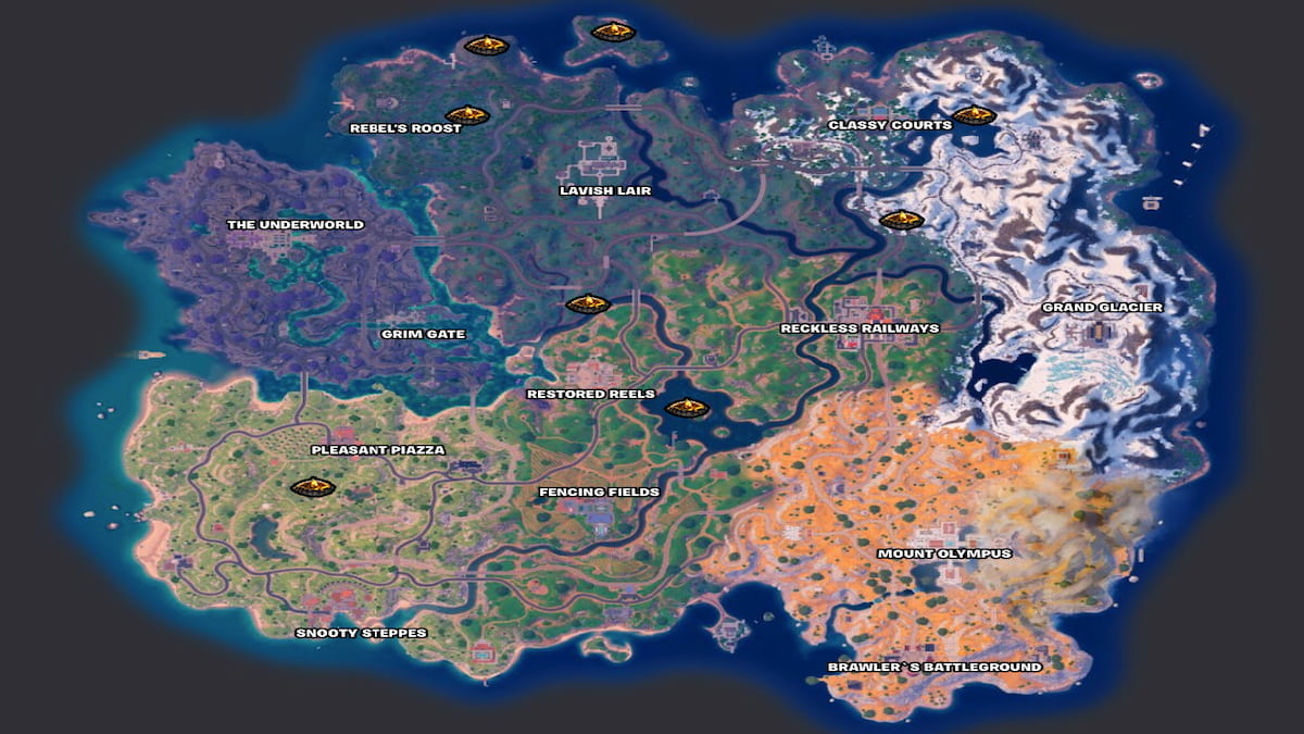 Fortnite Chapter 5 Season 2 map with mini campfire icons showing their locations
