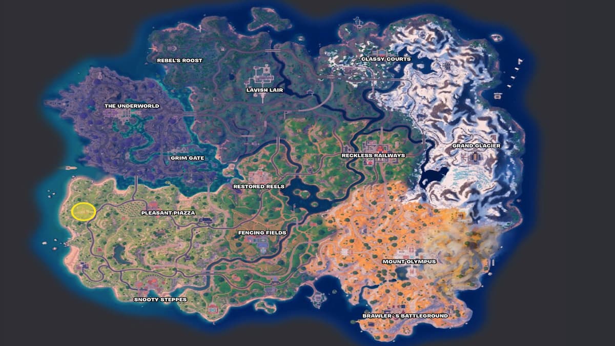 Fortnite Chapter 5 Season 2 map with Coastal Columns landmark circled