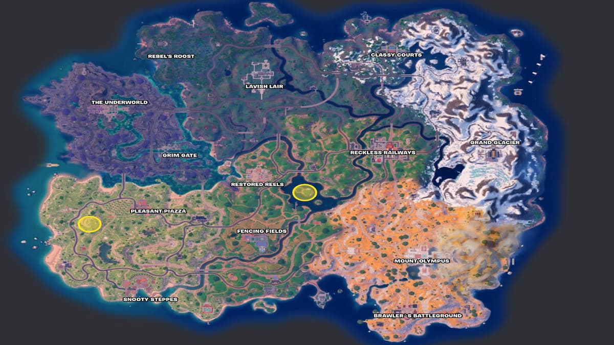 Fortnite Chapter 5 Season 2 map with Earth Shrine locations circled
