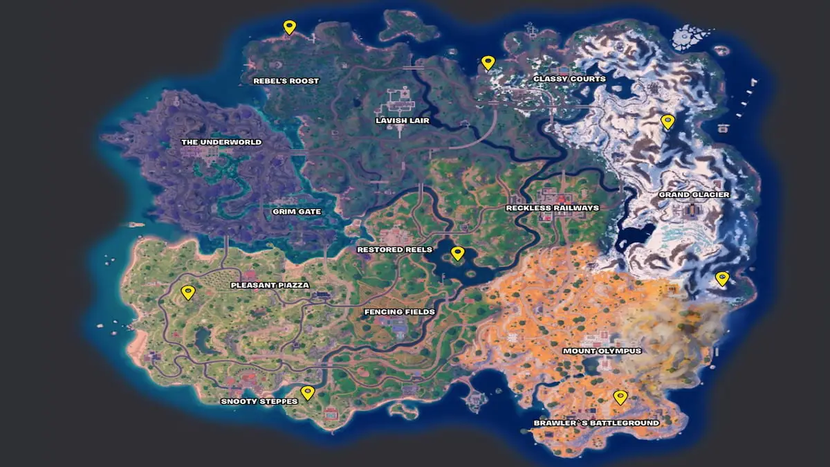 Fortnite Chapter 5 Season 2 map with all elemental shrine locations marked