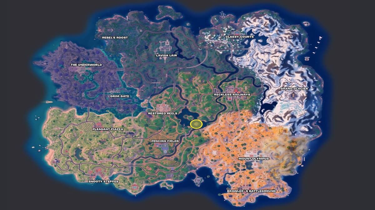 Mapa Fortnite Rozdział 5 Sezon 2 z zakreśloną trawiastą lokalizacją wyspy