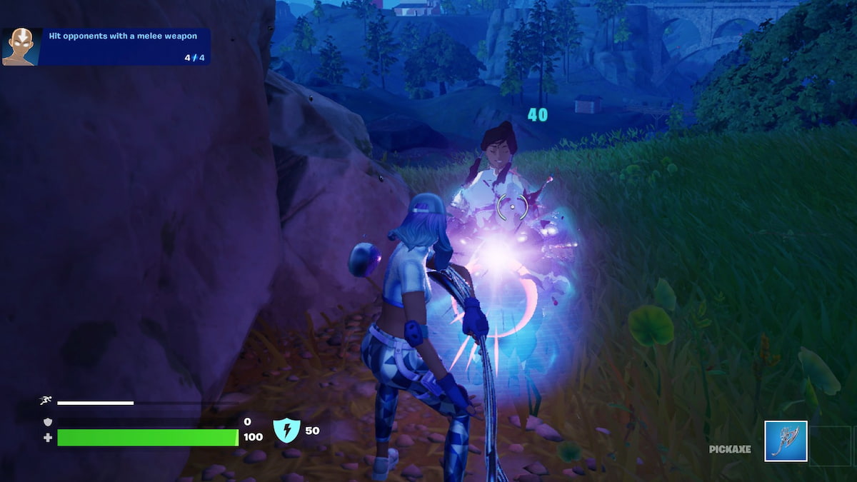 Player hitting an opponent with pickaxe, quest completing in the top left corner
