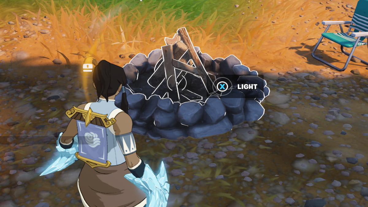 Player standing in front of campfire with light option on the screen