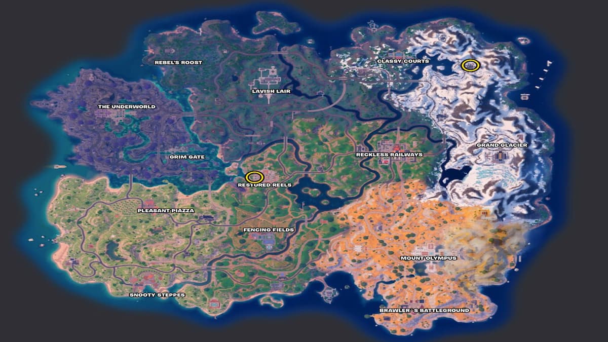 Fortnite chapter 5 season 2 map with restored reels stage and slumberyard dance floor locations marked