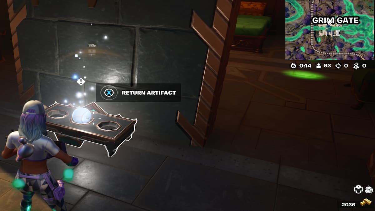 Player returning artifact to highlighted dog dish in Grim Gate