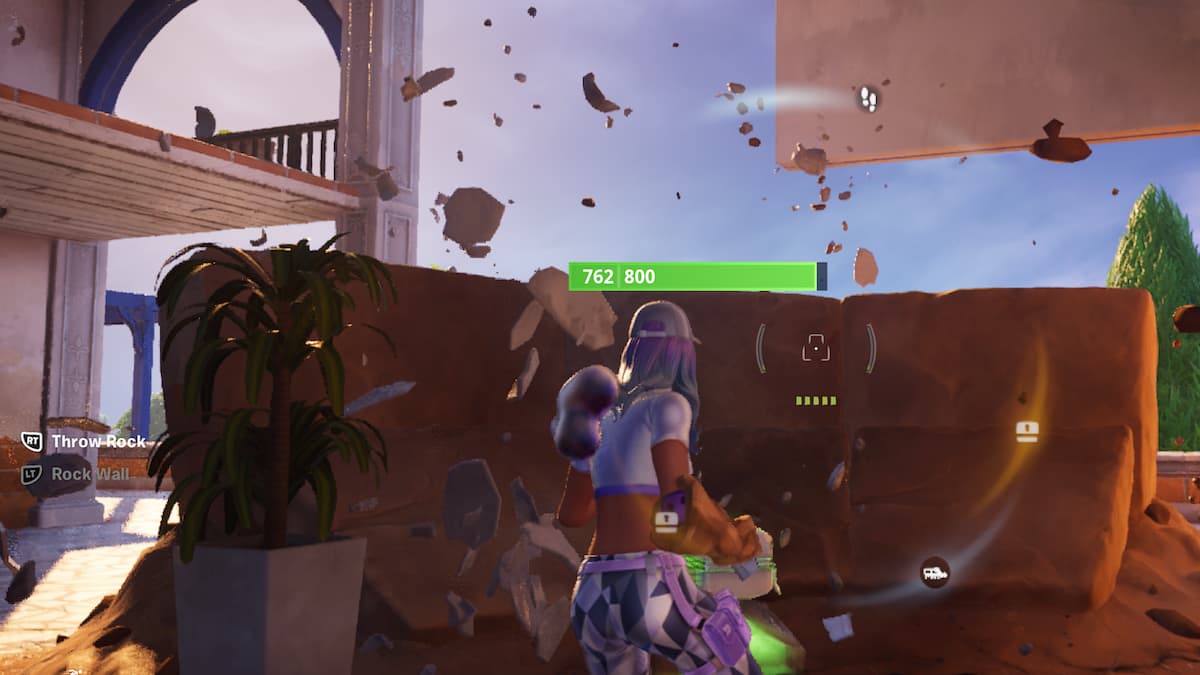 Spieler hinter einer Felswand, die Wand wird durchbrochen und der Spieler wird durch die Luft geschleudert 