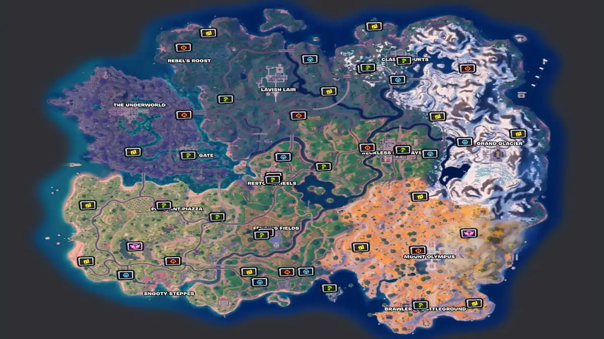 Fortnite Chapter 5 Season 2 Map with All Shadow Briefings scattered around