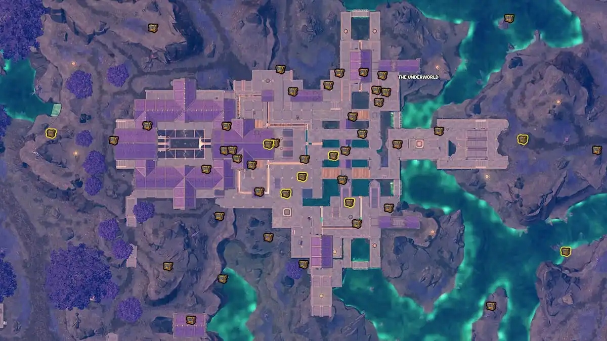 Fortnite Chapter 5 Season 2 map of The Underworld, mini chest icons with possible chest spawns