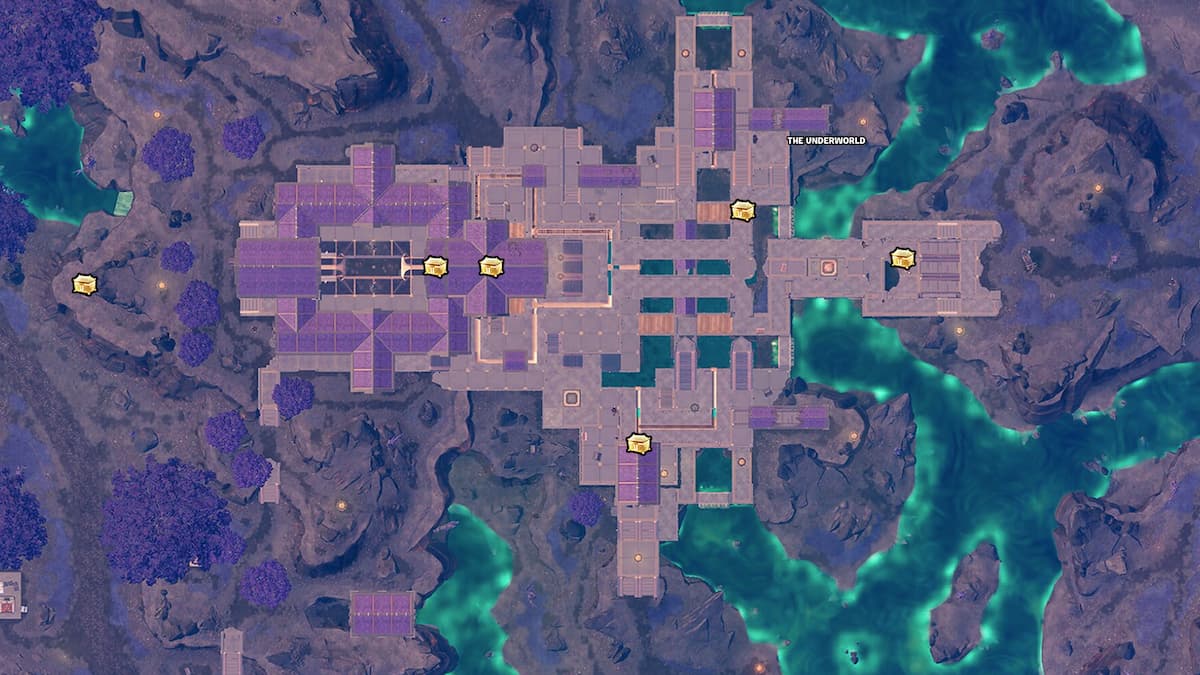 Fortnite Chapter 5 Season 2 map of The Underworld location, mini chest icons of God Chests