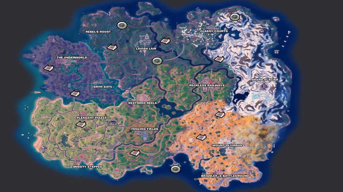 Fortnite Chapter 5 Season 2 map with vault and bunker icons shown