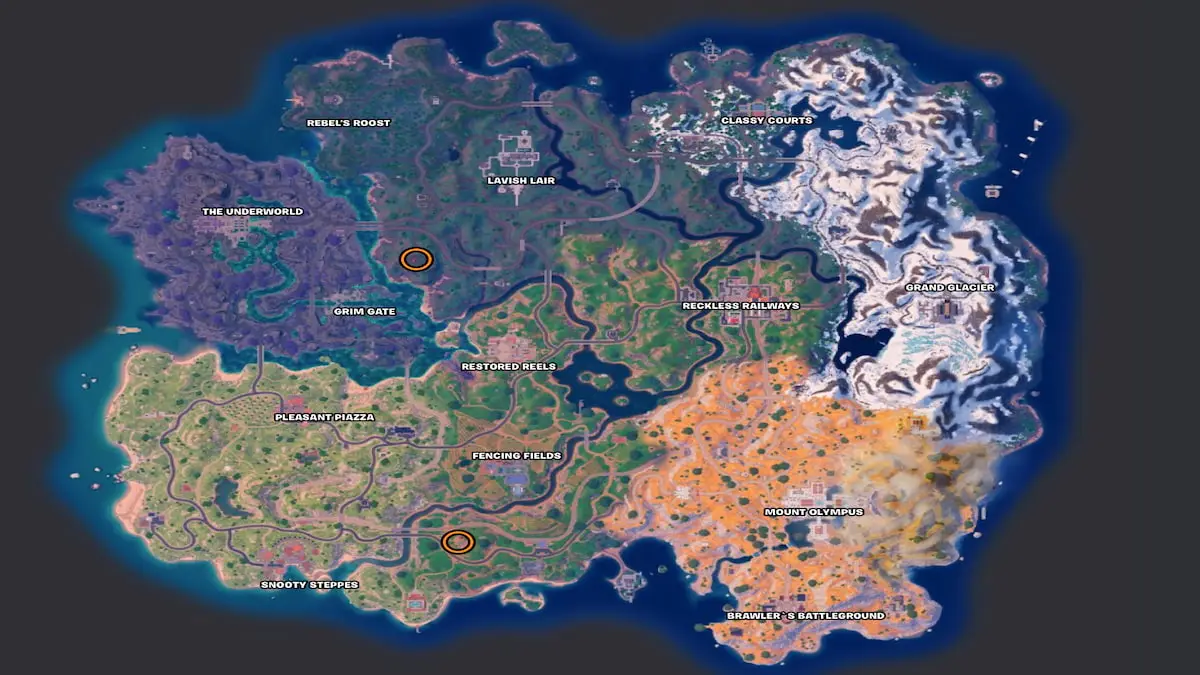 Fortnite Chapter 5 Season 2 map with the windmill landmarks circled