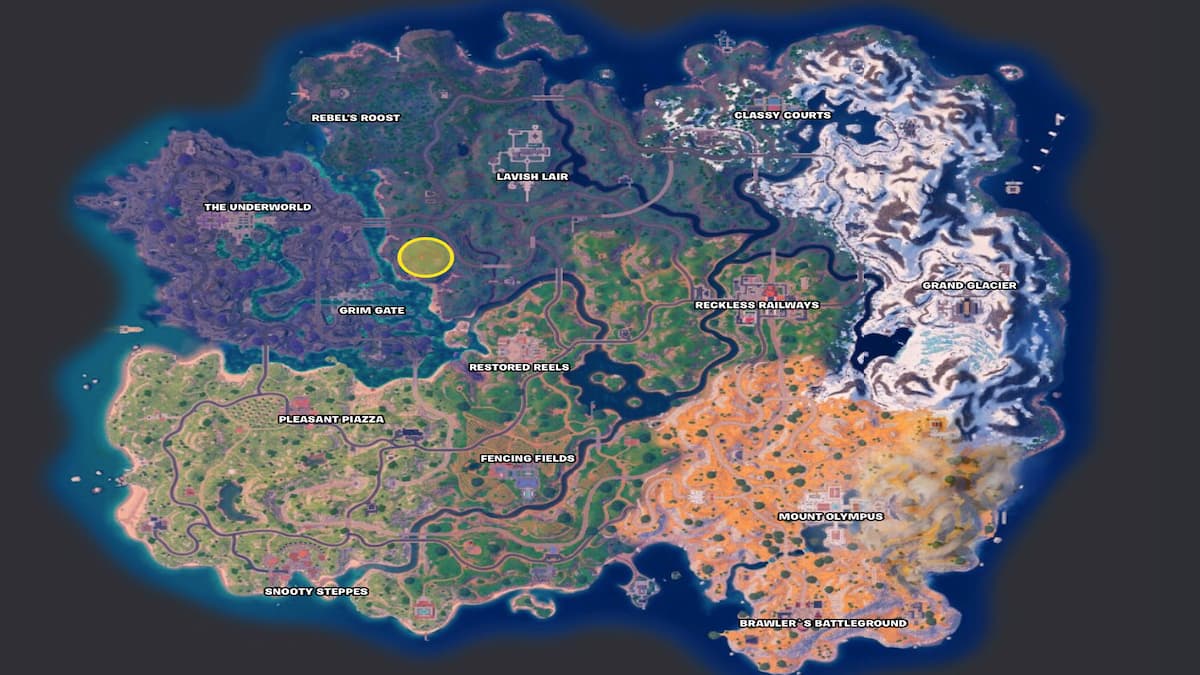 Fortnite Rozdział 5 Mapa sezonu z zakreśloną lokalizacją Wiatraka