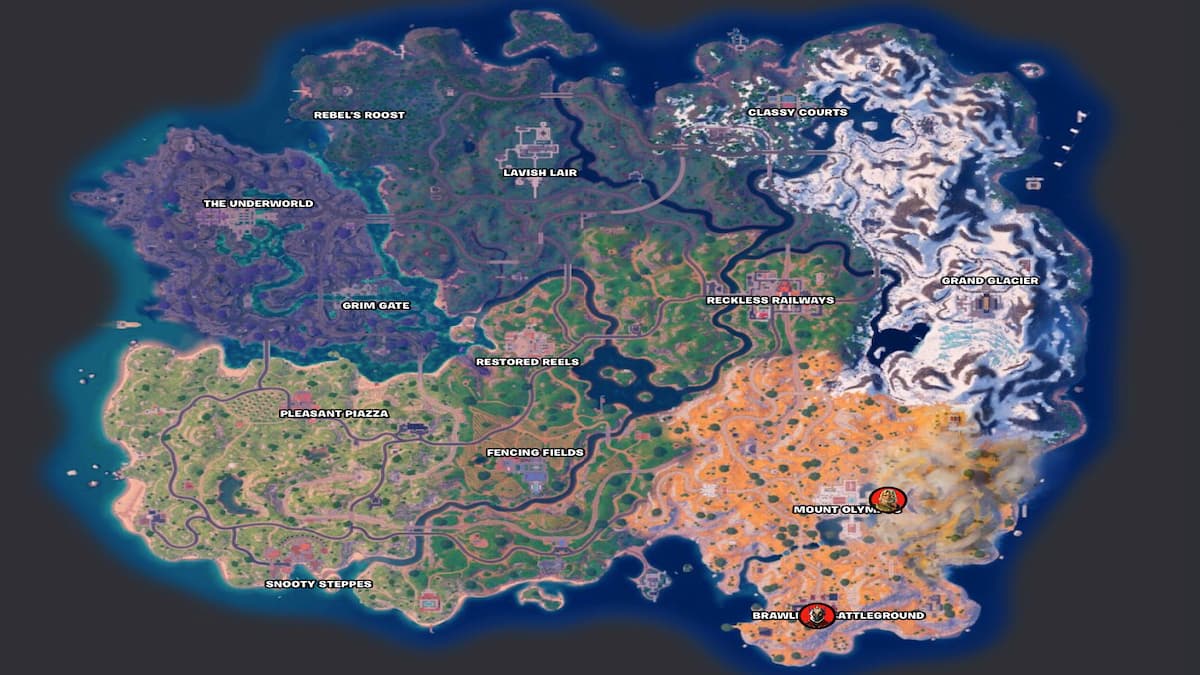 Carte de la saison 2 du chapitre 5 de Fortnite avec les emplacements d'Ares et Zeus 
