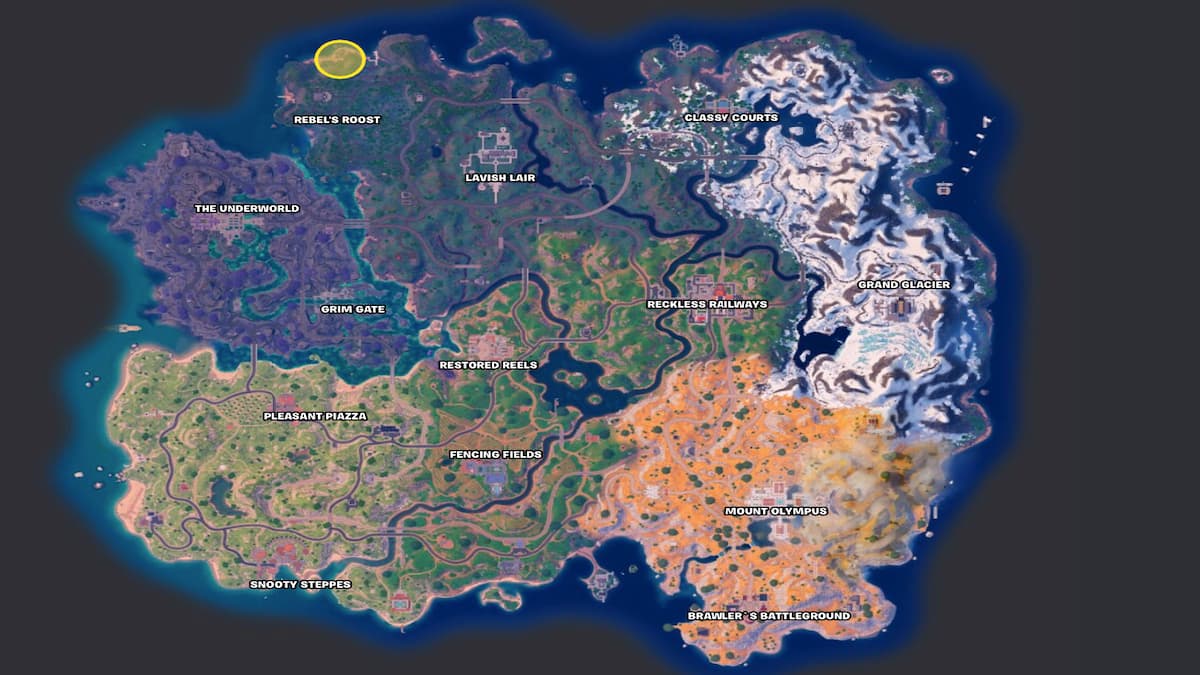 Fortnite Chapter 5 Season 2 Map with Zuko Shrine circled