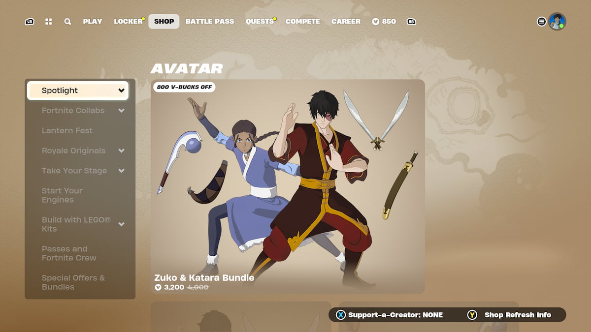 Fortnite item shop menu with Avatar skins displayed