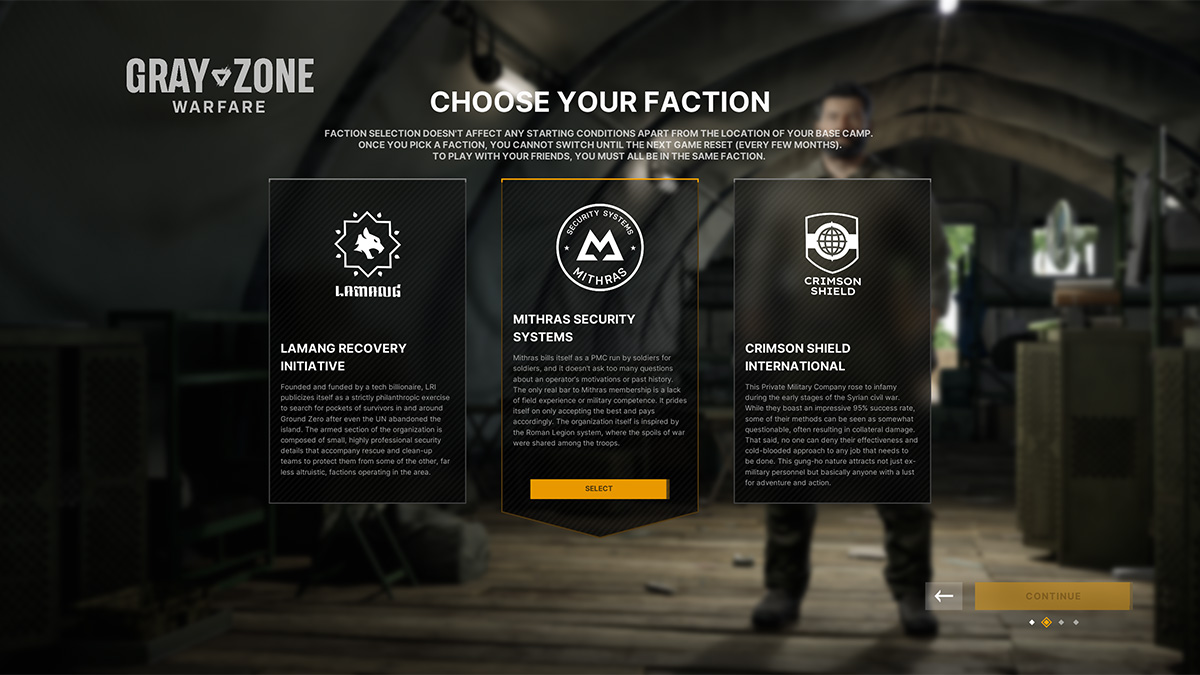 The Faction select screen in Gray Zone Warfare