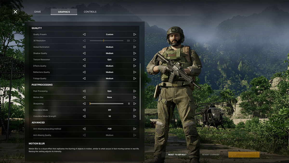 The main menu settings screen in Gray Zone Warfare