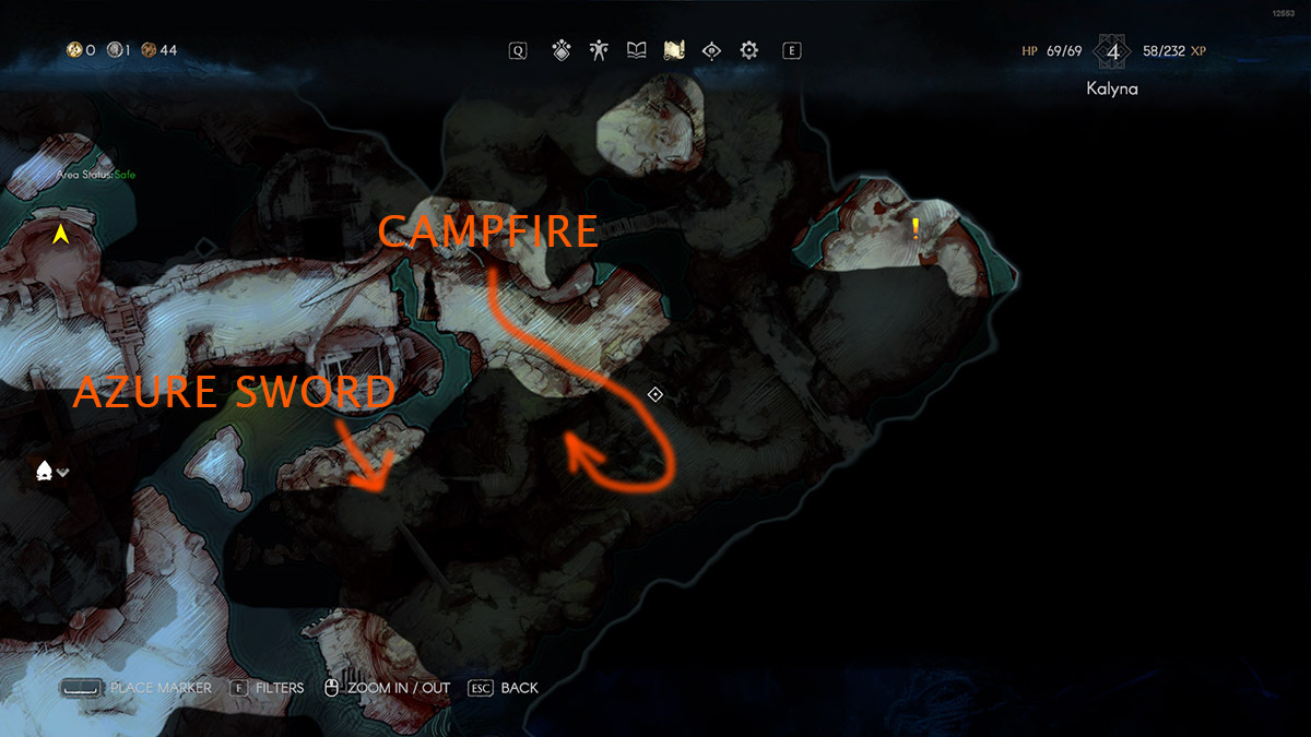 The location of the Azure Sword on a No Rest for the Wicked map