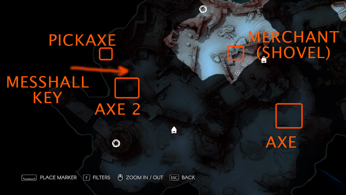 Axe, Pickaxe, and Shovel locations on a No Rest for the Wicked map