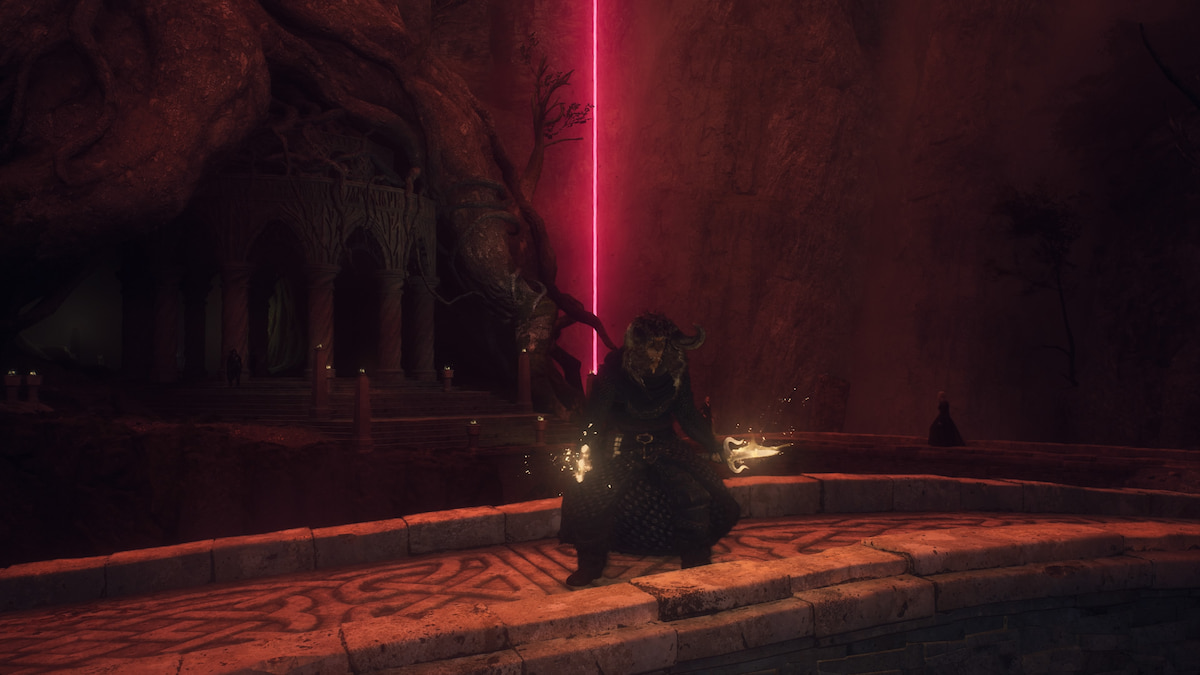 thief with endgame daggers standing in front of a red beam in dragons dogma 2