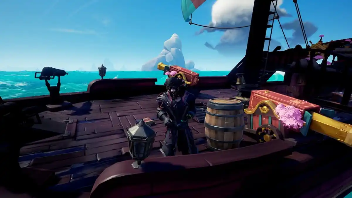 pirate standing on the side of a ship next to a barrel