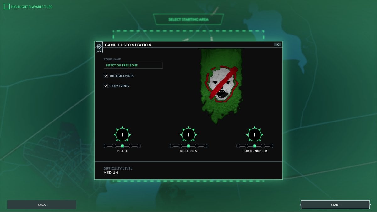 Infection Free Zone's difficulty selection screen, featuring three configurable categories of People, Resources, and Hordes Number.