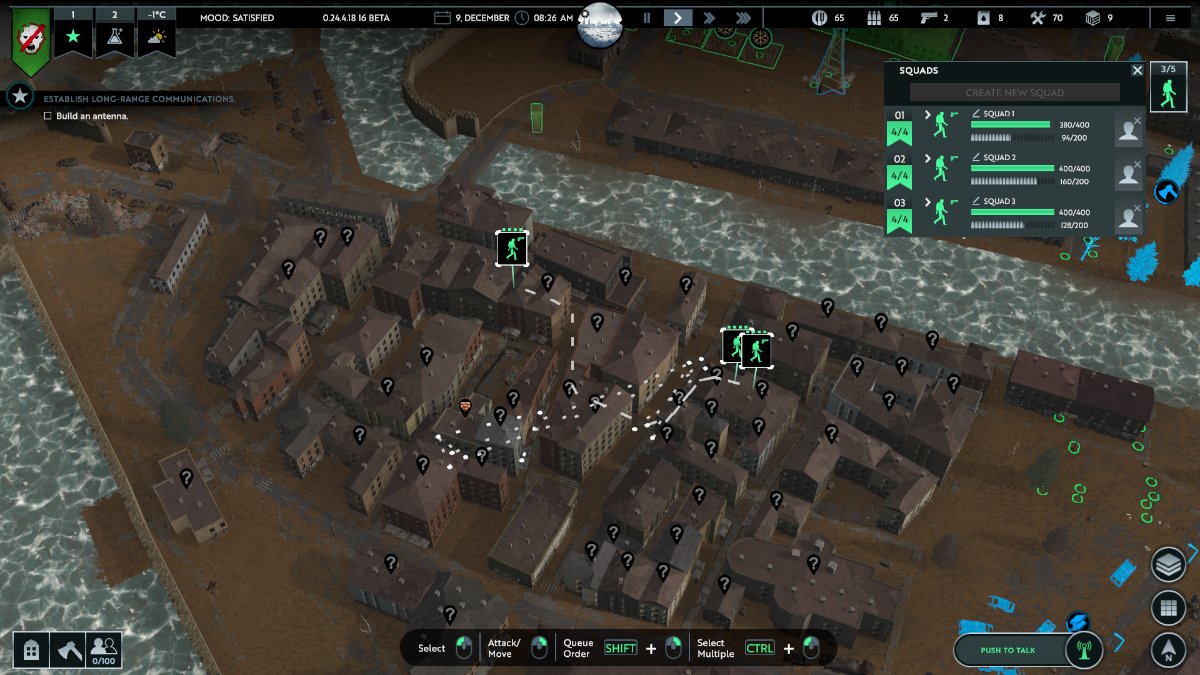 Three squads in Infection Free Zone acting on multiple commands inside a small city.