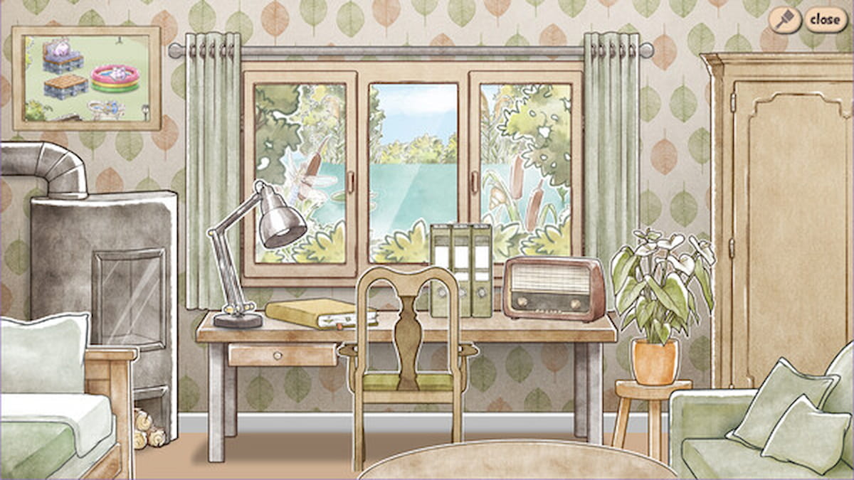 Official poster of a room with lots of furniture and decor, styled in a watercolor art look