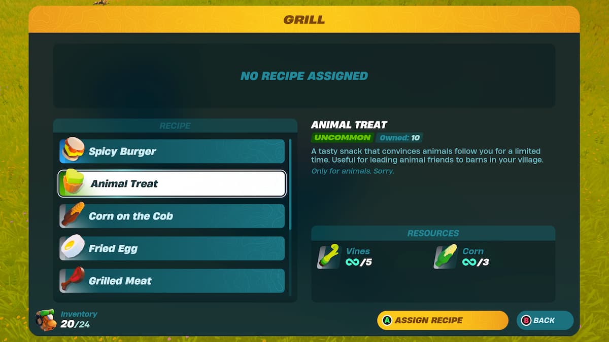 Grill crafting menu with recipe to Animal Treat shown