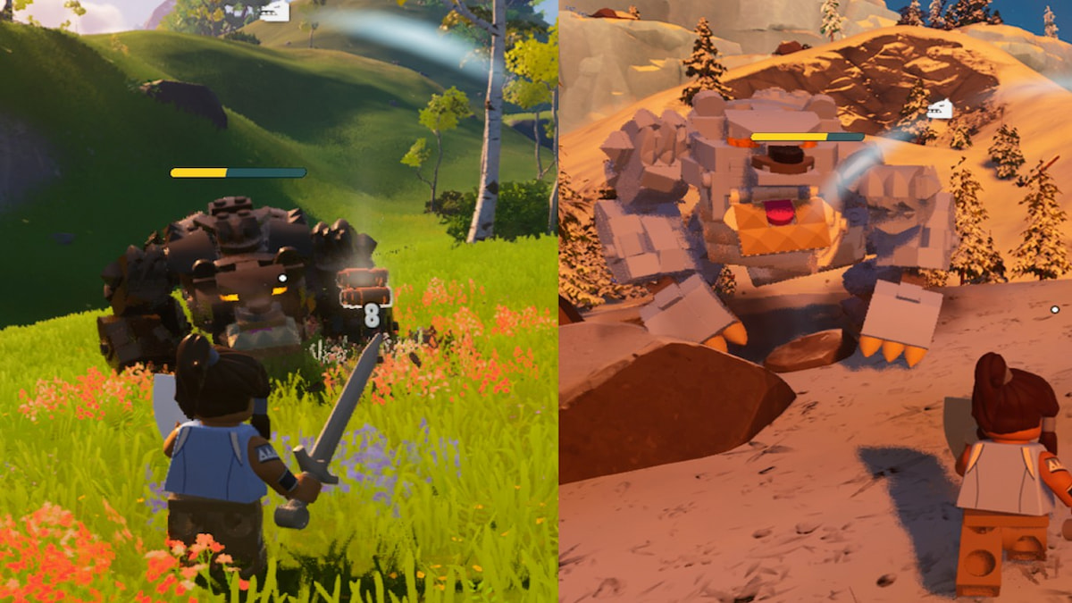Player fighting brown bear in Grasslands on the left and a white bear in the Frostlands on the right
