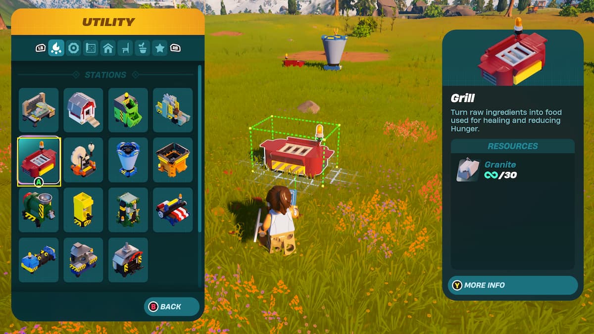 Building a Grill from the build menu, required materials shown on the right side