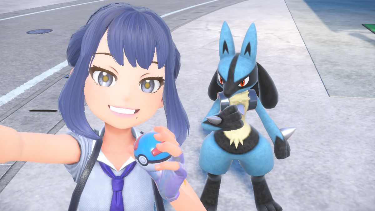 Player posing with her Lucario in Pokemon Scarlet & Violet