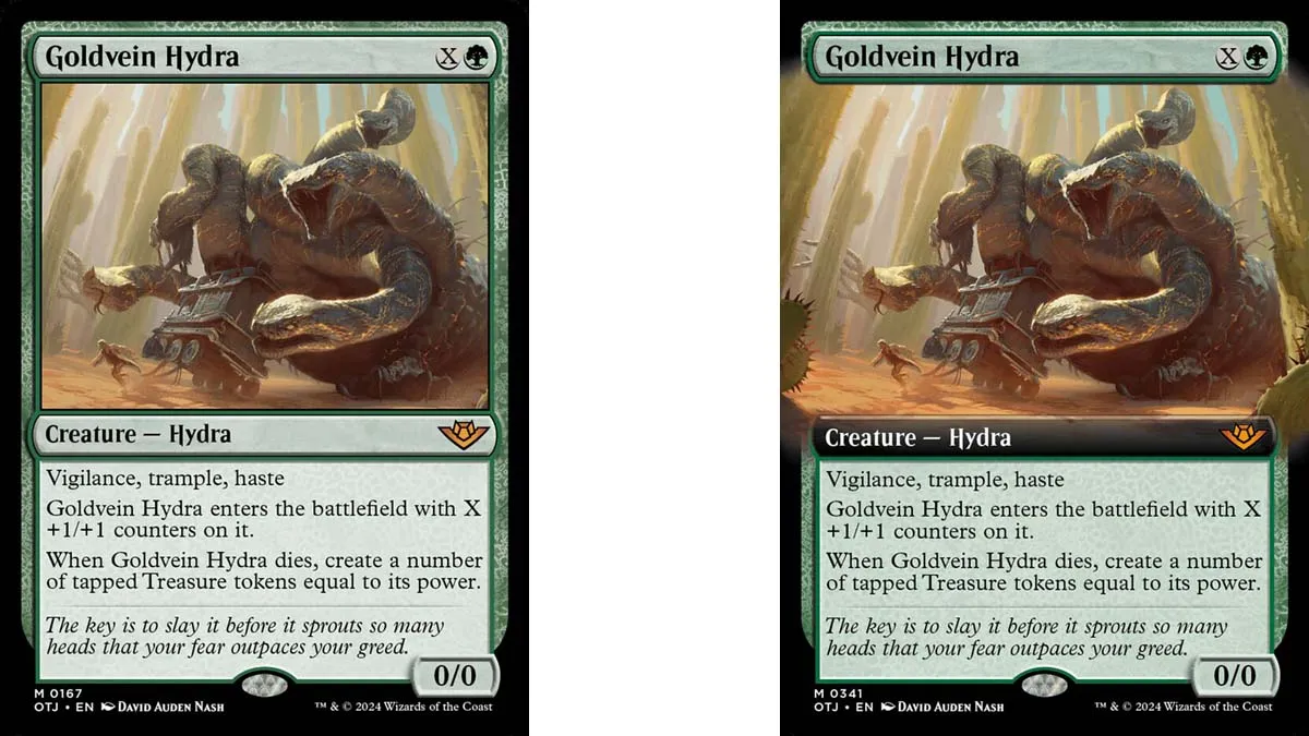 Goldvein Hydra card art variants in MtG