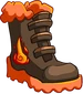 Boots with orange fur and tread and fire symbol on the side