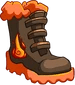 Boots with orange fur and tread and fire symbol on the side