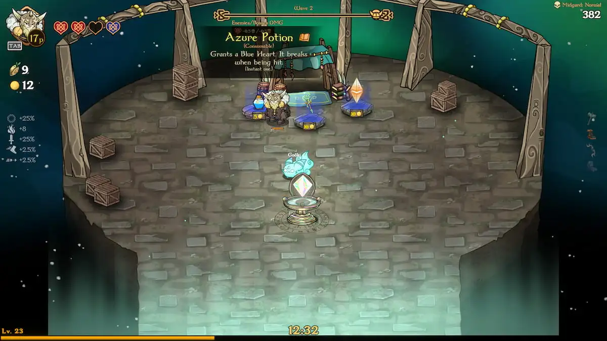 Player standing next to pedestal with potion for sale