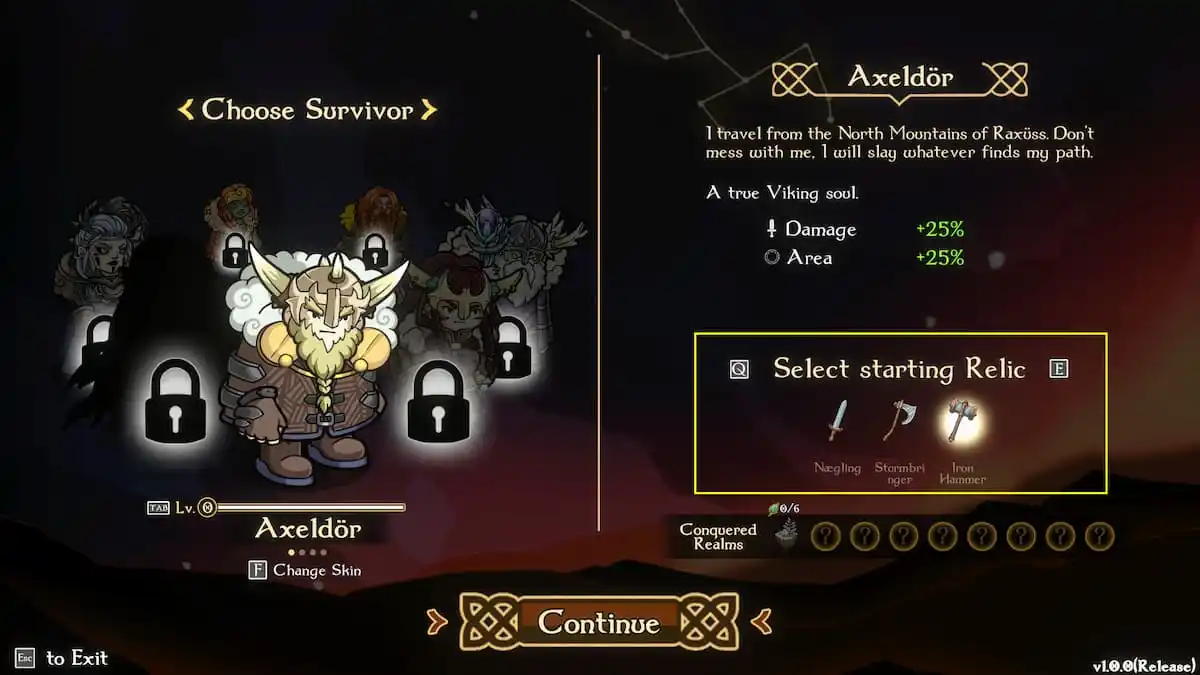 Choose survivor, starting relic selection menu
