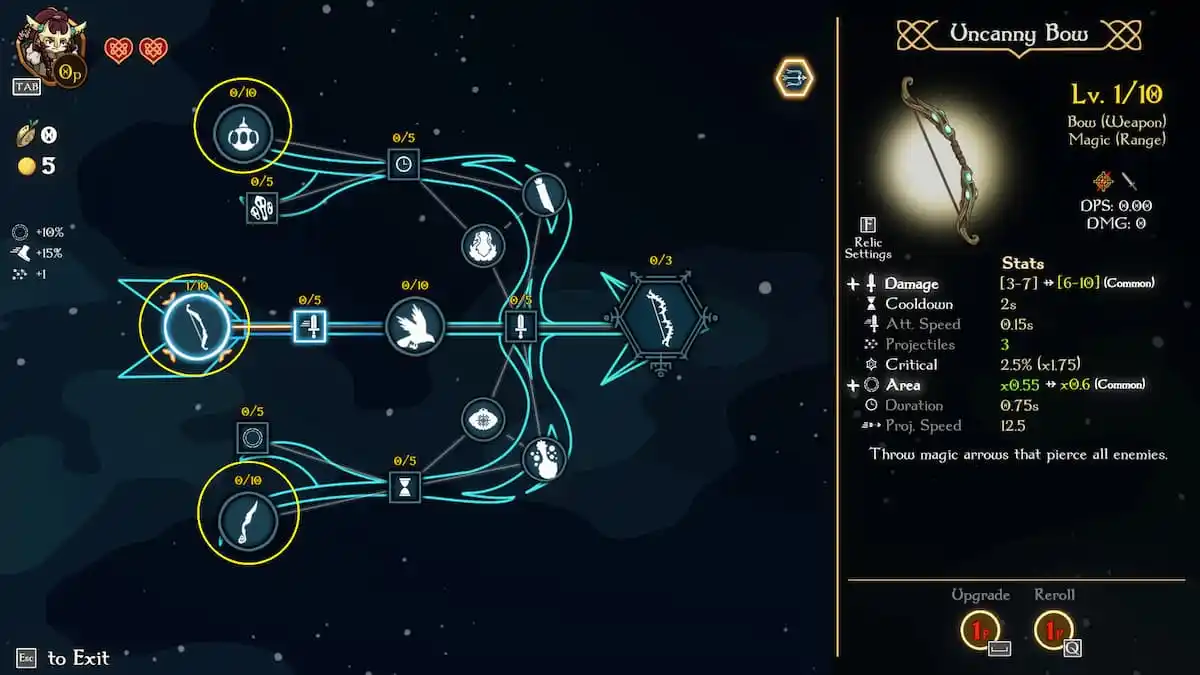 Constellation level up menu with weapon choices