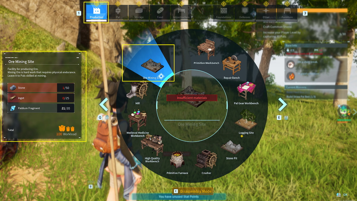 Build menu with Ore Mining Site selected, required ingredients shown on the left