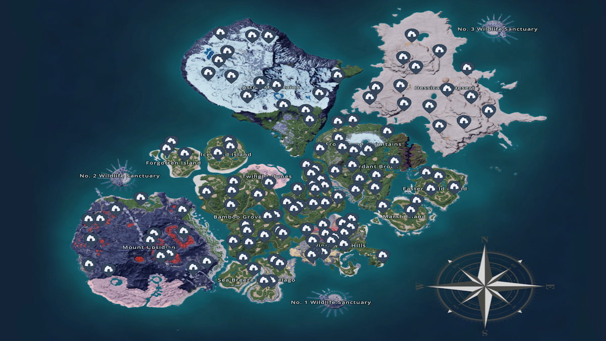 Palworld island map with icons of dungeons scattered around each biome