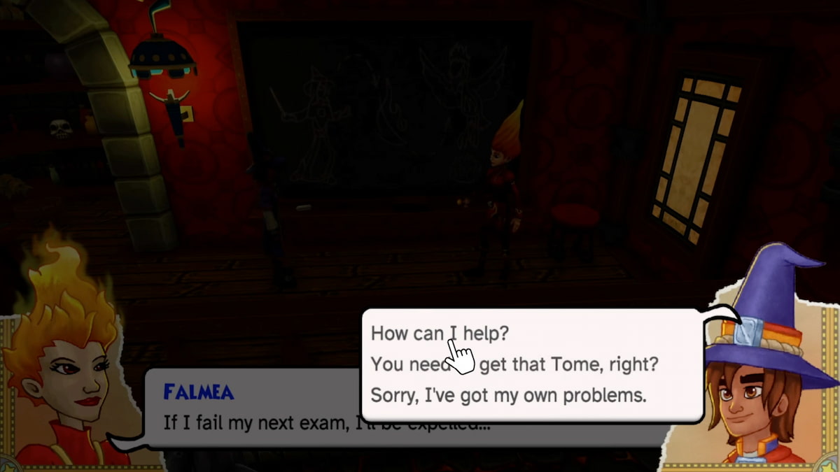 Student talking to young Falmea with dialogue options to choose from