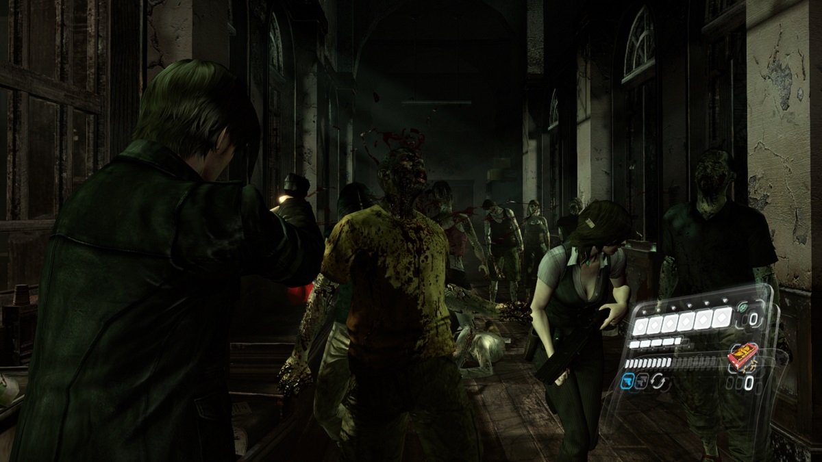 Leon and Helena fight a zombie horde in a hallway