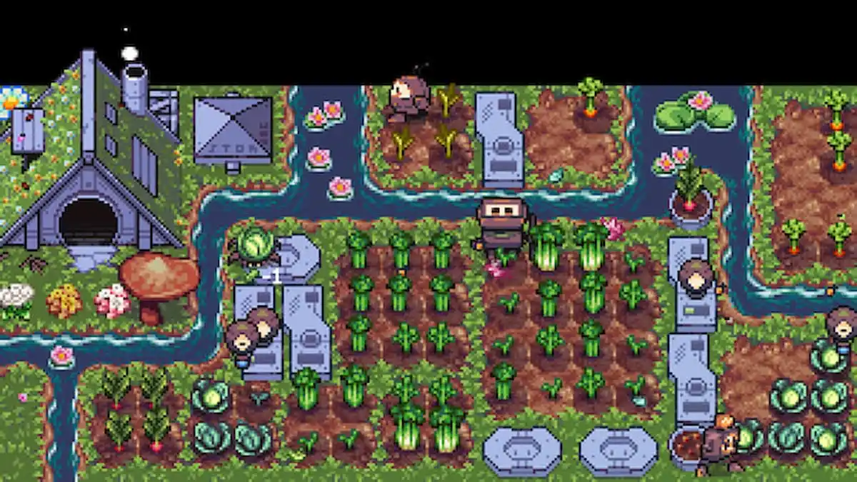 Decorated farm with streams flowing through it, flowers, and crops growing