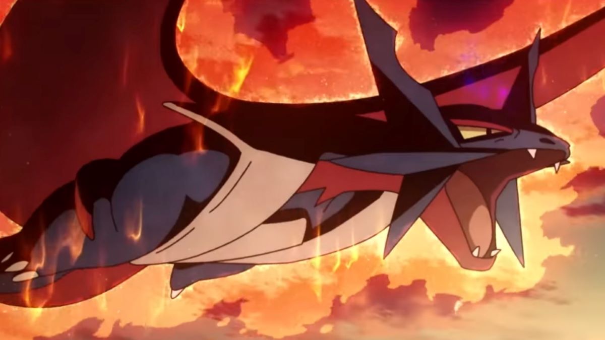 Close-up shot of Mega Salamence in Pokemon anime