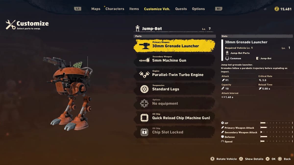 Jump Bot customization menu in Sand Land